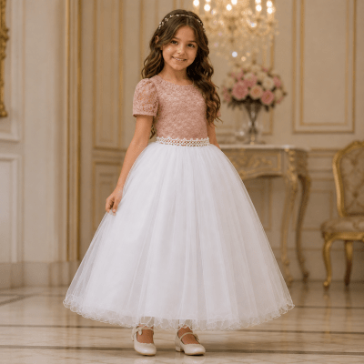 Vestido Infantil Rose C/ Renda e Saia Branca Damas Longo Vestido Infantil Rose C/ Renda e Saia Branca Damas Longo