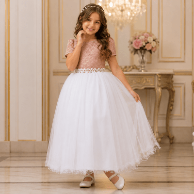 Vestido Infantil Damas Longo, Rosè/Branco, em Cetim, Renda e Tule