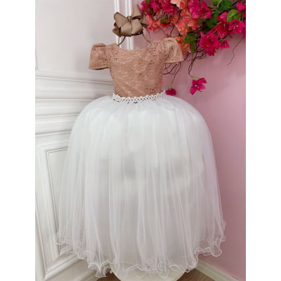 Vestido Infantil Damas Longo, Rosè/Branco, em Cetim, Renda e Tule