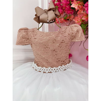 Vestido Infantil Damas Longo, Rosè/Branco, em Cetim, Renda e Tule