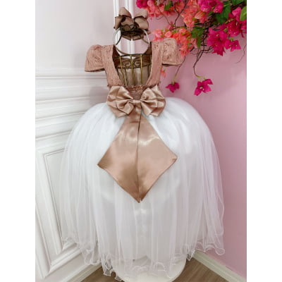 Vestido Infantil Damas Longo, Rosè/Branco, em Cetim, Renda e Tule