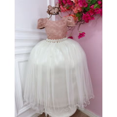 Vestido Infantil Rose C/ Renda e Saia Off White Damas Longo