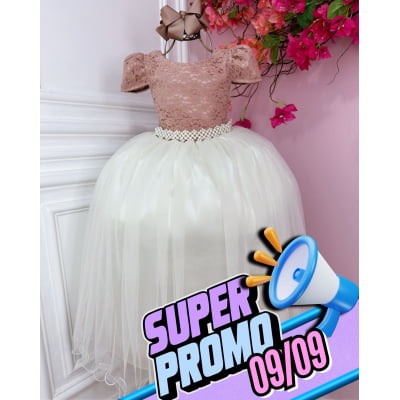 Vestido Infantil Rose C/ Renda e Saia Off White Damas Longo