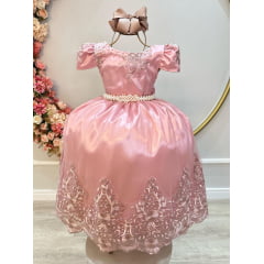 Vestido Infantil Rose C/ Renda Realeza Casamento Festas