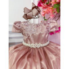 Vestido Infantil Rose Com a Renda Realeza e Cinto de Pérolas