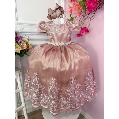 Vestido Infantil Rose Com a Renda Realeza e Cinto de Pérolas