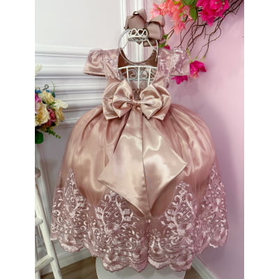 Vestido Infantil Rose Com a Renda Realeza e Cinto de Pérolas