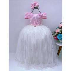 Vestido Infantil Rosé com Renda Brilho Saia Off Damas Longo