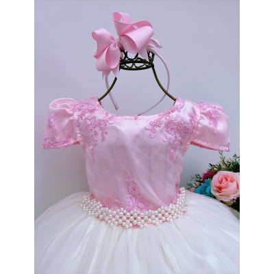 Vestido Infantil Rosé com Renda Brilho Saia Off Damas Longo