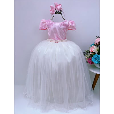 Vestido Infantil Rosé com Renda Brilho Saia Off Damas Longo