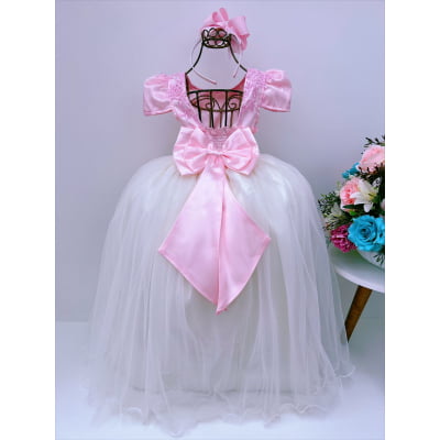 Vestido Infantil Rosé com Renda Brilho Saia Off Damas Longo