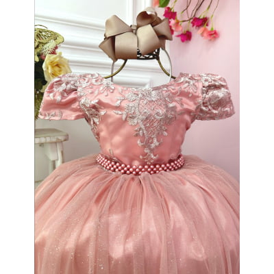 Vestido Infantil Rose Realeza C/ Renda e Pérolas Damas