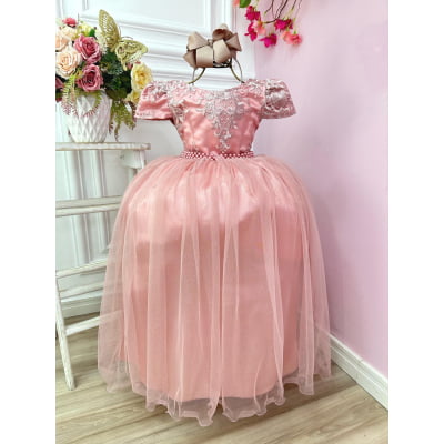 Vestido Infantil Rose Realeza C/ Renda e Pérolas Damas