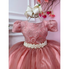 Vestido Infantil Rose Realeza C/ Renda e Pérolas Festa Luxo