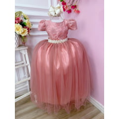 Vestido Infantil Rose Realeza C/ Renda e Pérolas Festa Luxo