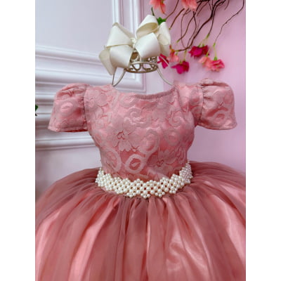 Vestido Infantil Rose Realeza C/ Renda e Pérolas Festa Luxo