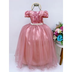 Vestido Infantil Rosê Renda Brilho Cinto Pérolas Damas Luxo