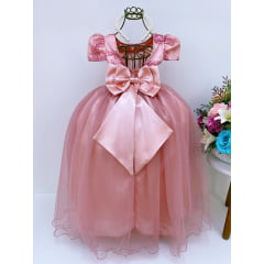 Vestido Infantil Rosê Renda Brilho Cinto Pérolas Damas Luxo