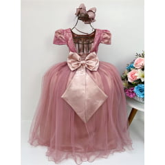 Vestido Infantil Rosé Renda Brilho Damas Longo C/ Cinto