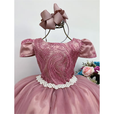 Vestido Infantil Rosé Renda Brilho Damas Longo C/ Cinto