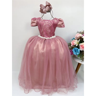 Vestido Infantil Rosé Renda Brilho Damas Longo C/ Cinto