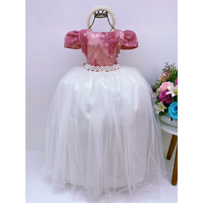 Vestido Infantil Rosê Renda Brilho Saia Off Damas Longo