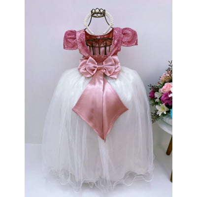 Vestido Infantil Rosê Renda Brilho Saia Off Damas Longo