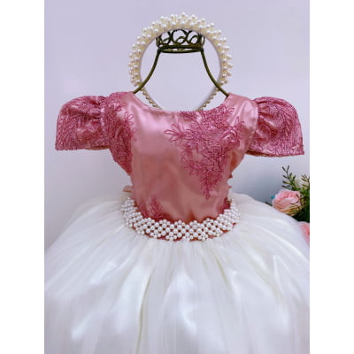 Vestido Infantil Rosê Renda Brilho Saia Off Damas Longo