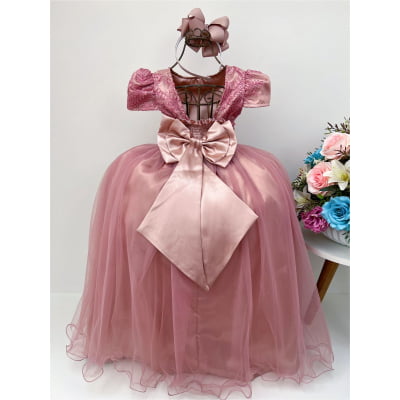 Vestido Infantil Rosé Renda Realeza Damas Longo