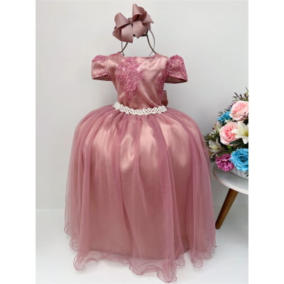 Vestido Infantil Rosé Renda Realeza Damas Longo