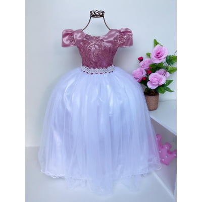 Vestido Infantil Rosê Saia Branca Damas de Honra Longo