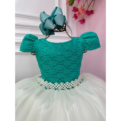 Vestido Infantil Verde C/ Renda Saia Off White Damas Longo