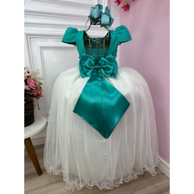 Vestido Infantil Verde C/ Renda Saia Off White Damas Longo
