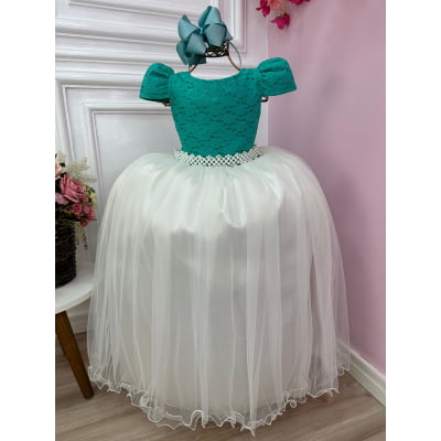 Vestido Infantil Verde C/ Renda Saia Off White Damas Longo