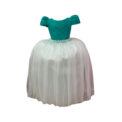 Vestido Infantil Verde C/ Renda Saia Off White Damas Longo