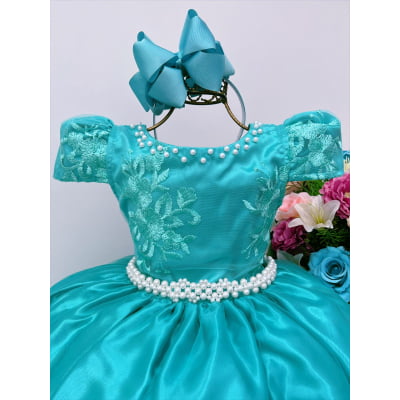 Vestido Infantil Verde Luxo Pérola Rendado Casamento Damas