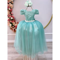 Vestido Infantil Verde Menta Tule Renda Longo Casamento