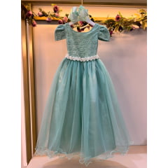 Vestido Infantil Verde Menta Tule Renda Longo Casamento