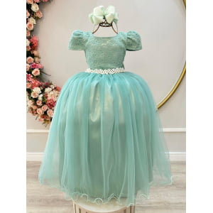 Vestido Infantil Verde Menta Tule Renda Longo Casamento