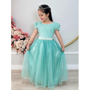 Vestido Infantil Verde Menta Tule Renda Longo Casamento