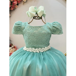 Vestido Infantil Verde Menta Tule Renda Longo Casamento