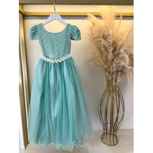 Vestido Infantil Verde Menta Tule Renda Longo Casamento
