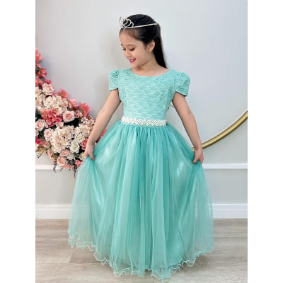 Vestido Infantil Verde Menta Tule Renda Longo Casamento