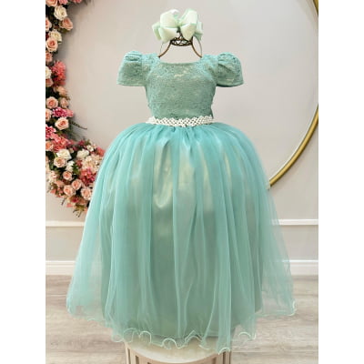 Vestido Infantil Verde Menta Tule Renda Longo Casamento