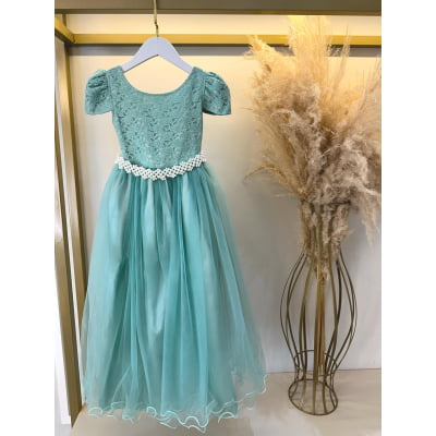 Vestido Infantil Verde Menta Tule Renda Longo Casamento
