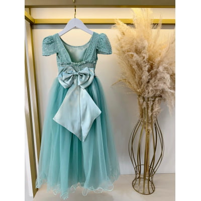 Vestido Infantil Verde Menta Tule Renda Longo Casamento