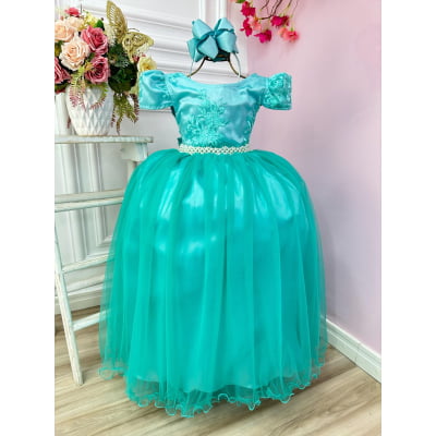Vestido Infantil Verde Realeza C/ Renda e Pérolas Festa Luxo
