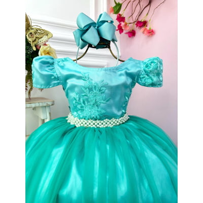Vestido Infantil Verde Realeza C/ Renda e Pérolas Festa Luxo