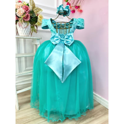 Vestido Infantil Verde Realeza C/ Renda e Pérolas Festa Luxo