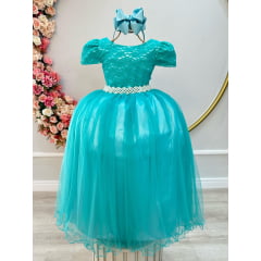 Vestido Infantil Verde Tule Renda Longo Dama Luxo Casamento